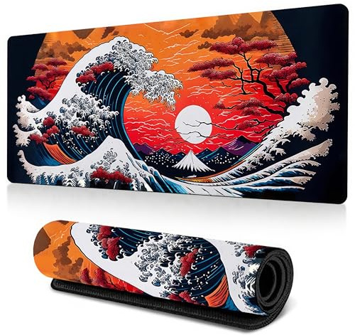 Wasserdicht Gaming Mauspad XXL, Mousepad Groß 800x300mm, Schreibtischunterlage mit Rutschfester Gummibasis,Desk Mat für Tastatur, PC, Laptop Genähte Kanten (Orange Meereswelle)