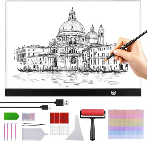 LUSCHEER Portable LED A3 Light Box, Ultra-Thin A3 LED Light Pad, Adjustable Brightness Light Box Drawing Board for Diamond Painting Drawing Sketching Animation, with Diamond Art Accessories Tools