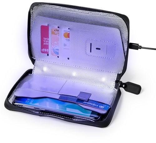 UV Desinfektions Sterilisator für Smartphones Kreditkarten Earpods Schlüssel im Reissverschluss Polyester Etui mit RFID Blocker und 2 Sterilisationsmodi tötet Bakterien ab Format 2 x 18.5 x 4 cm