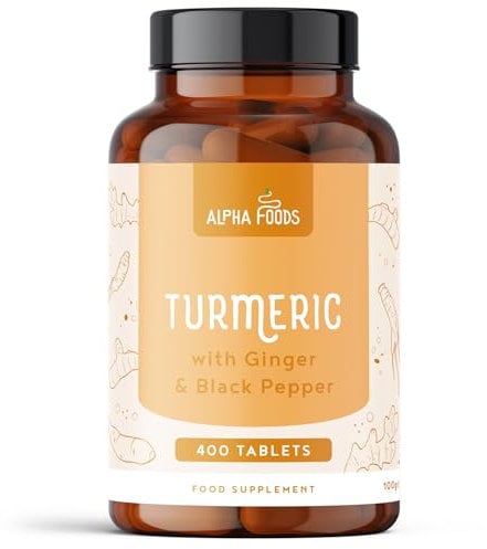 Curcuma ad alto dosaggio | 2500mg al giorno | 400 compresse con curcumina, pepe nero (piperina) e zenzero | Vegan | Alternativa a turmeric in polvere & capsule | Alpha Foods