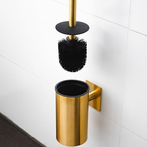 ELMOWO - Premium Edelstahl Klobürste ohne Bohren selbstklebend inkl. Spezialkleber (extrem sicherer Halt) - Klobürstenhalter hängend zur Wandmontage - Moderner WC Toiletten-Bürstenhalter (Gold)