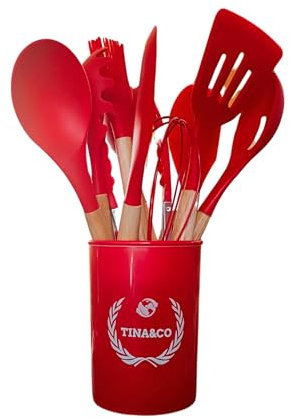 TINA&CO Juego de 12 Utensilios de Cocina Silicona con Mango de Madera - Kit de Cocina Completo de Menaje, Resistentes y Duraderos (Rojo)