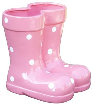 Pink Polka Dot Boots Planter 19x20x18cm Glossy Glazed Ceramic Wellington Shoe Flower Pot