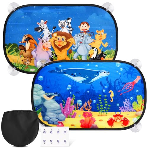 2 Stück Sonnenschutz Auto Baby mit UV Schutz,51x31cm Autofenster Sonnenschutz Kinder,8 Saugnäpfe und Niedliche Tiermuster