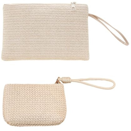 2 Pièces Pochette en Paille pour Femmes, ac de Plage Tissé, Sac de Poignet en Paille, Sac pour Femmes