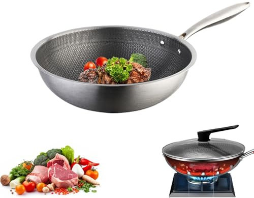 Générique Wok en acier inoxydable, poêle à frire en nid d'abeille à 3 couches antiadhésives, compatible avec les cuisinières à induction, à gaz et électriques. (Couvercle non inclus, 34cm)