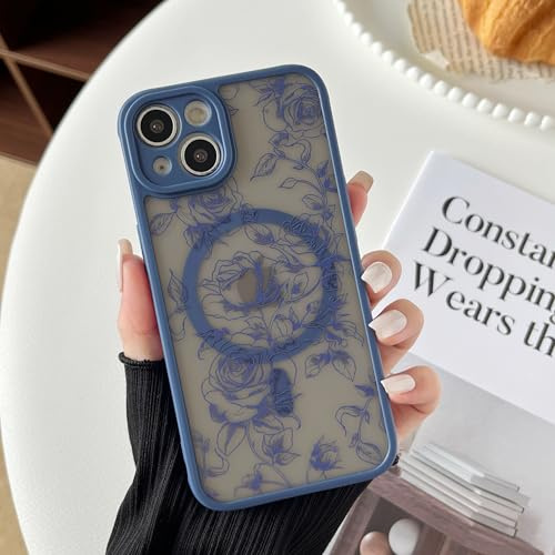 XIZYO Magnetic Case for iPhone 13 Compatible with MagSafe, Cute Frosted Translucent Rose Floral Flower Pattern Shockproof Cover, Soft TPU Bumper Protective Phone Case, Branch Rose/Blue