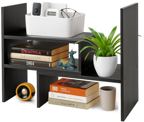 Toemics Adjustable Desktop Bookshelf Expandable Wooden Desk Organiser, Small Desktop Storage Rack for Books, Office Supplies, Space-Saving Bookcase for Home Office (Black)