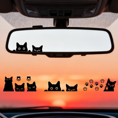 PRESSINART 6Pcs 3 Styles Black Cat Car Sticker Cat Rearview Mirror Decal Paw Print Funny Tiny PVC Vinyl Transfer Stickers for Car Window Bumper Motorcycle Helmet Trucks Laptop Bottles Decoration Gift