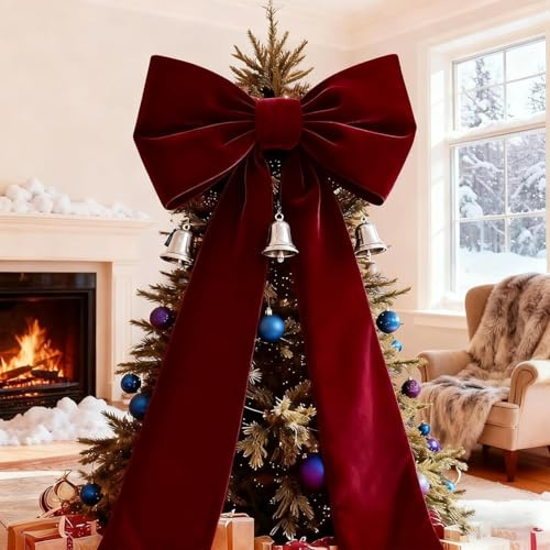 Weihnachtsbaum-Schleifen Groß, Weihnachtsbaumspitzen-Schleife, Große Rote Burgunder-Samt-Schleifen für Weihnachtsbäume Samt-Schleife Dekorationen für Fenster Wand Tür (Rot)