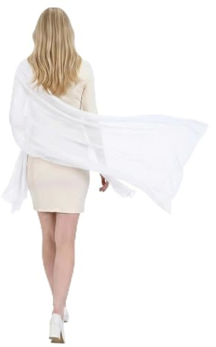 Telooco Blanc Châle et Écharpe Neon Léger Vintage Écharpe en Mousseline de Soie pour Robes de Soirée Rendez-Vous Bal Foulard Châle Blanc Fluo pour Femme Couvre-Tête Voyage Plage