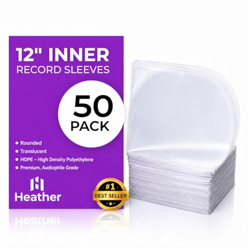 50 Pack Record Sleeves 12 Inch Record Sleeves, Heather UK Dynamic Rounded Bottom HDPE LP Inserts, Anti Static Vinyl Record Sleeves for Album Jackets and Archival Storage