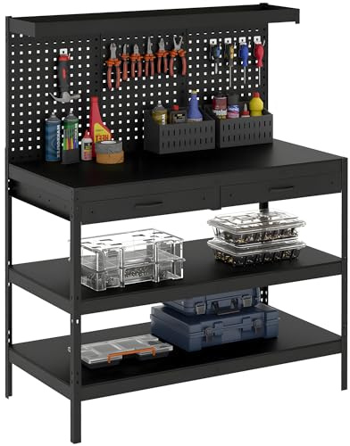 HOMCOM Banco de Trabajo 122x61x156 con Panel Perforado, 2 cajones, 272kg