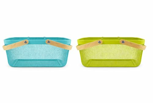 vienberg | Metall Aufbewahrungskorb mit Holzgriff, Türkis & Neongrün, Drahtkorb Set, Dekorative Ordnungsbox für Küche Bad Wohnzimmer Kinderzimmer, 2er Set