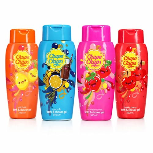 Chupa Chups Bath & Shower Gel 300ml Pack of 4 – Fruity Scent Body Wash Set, Tutti Frutti, Cola, Strawberry & Cherry, Moisturising Shower Gel for Kids & Adults Daily Use