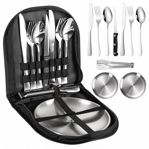Dexpally Couverts de Camping Portables en Acier Inoxydable pour 2 Personnes Vaisselle Camping avec Sac à Couverts - Fourchettes, Couteaux et Cuillères pour Randonnée, Barbecues, Plein Air (Argent)