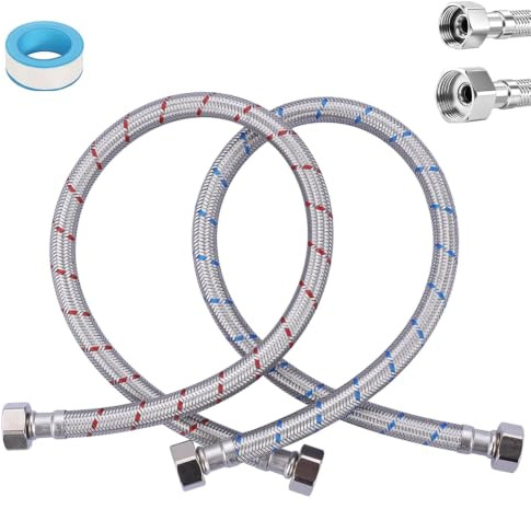 2 Stück Flexschlauch 3/8 auf 1/2 Zoll 50cm, Panzerschlauch Edelstahl Innen Innengewinde Anschlussschlauch Armatur Wasserhahn Eckventil mit PTFE Band Blau Rot Markierung