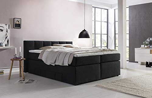 Möbelfreude Doluna Andybur Boxspringbett 160x200cm Schwarz H2/H3 | 7-Zonen Taschenfederkern Matratze & Visko-Topper | 90 cm hohes Kopfteil ideal für Dachschrägen + Bettkasten für Stauraum