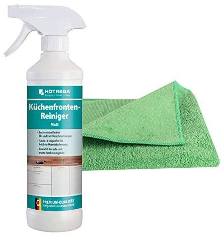 HOTREGA Küchenfronten-Reiniger matt 500 ml, Küchenreiniger, Entfetter, streifenfrei (500ml inkl. Microfasertuch)