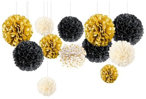 NICROLANDEE Schwarzgold Partydekorationen - 12 PCS Schwarzgold Weiß Seidenpapier Pom Poms für Hochzeit, Geburtstag, Babyparty, Brautdusche, Abschlussball, Silvester Deko 2025
