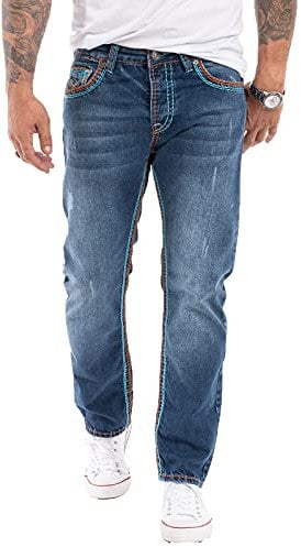 Rock Creek Herren Jeans Hose Comfort Fit Dicke Nähte Jeans Herrenjeans Herrenhose Denim Stonewashed Basic Weites Bein Raw RC-2270 Dunkelblau W40 L30