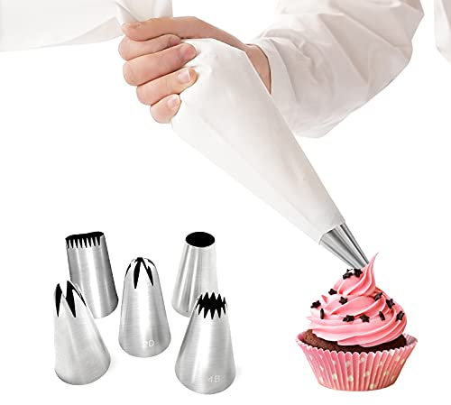 6pc Kit de Poche à Douille Professionnelle, Réutilisable-5 Douilles Patisserie et 1 Blanc Coton Poches à Douille en Silicone, DIY Cupcake et Muffins Gâteaux