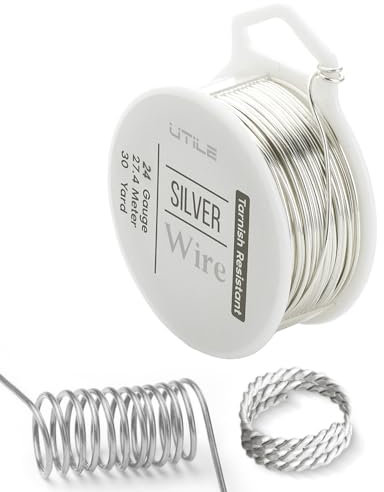 UTILE Alambre de Cobre de 0,51 mm - 27,43m - Hilo de cobre perfecto para Joyería, Bisutería y Manualidades, Decoración y Adornos Florales - Color Plata (Calibre 24)