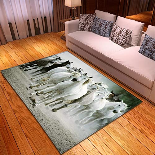 Morbuy Teppich Wohnzimmer Flanell Kurzflor Teppiches, 3D Pferd Drucken Modernes Teppich Waschbar rutschfest Krabbelmatte für Kinderzimmer Schlafzimmer Dekoration (80x160cm,weißes Pferd)