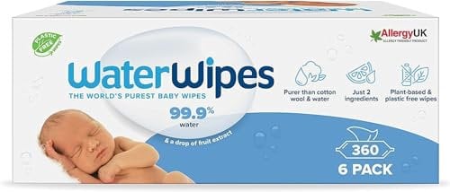 WaterWipes Plastic-Free Original Baby Wipes, 99.9% Water Based Wipes, Unscented for Sensitive Skin, 360 Count (6 packs)