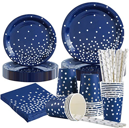 HusDow Assiette Jetable Bleu et Argent, 24 Invite Vaisselle Jetable Anniversaire Bleu Assiette Carton Gobelets Paille en Papier Serviette Bleu pour Femme Homme Garcon
