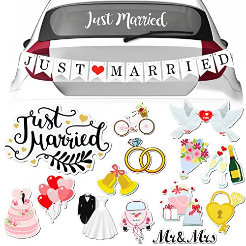 16 Pcs Just Married Car Decorations Include 14 Assorted Ornate Car Magnets Just Married Window Decal and Cardstock Sign Banner Wedding Decorations for Bridal Shower Honeymoon Photo Props