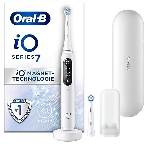 Oral-B iO Series 7 Elektrische Zahnbürste/Electric Toothbrush, 2 Aufsteckbürsten, 5 Putzmodi für Zahnpflege, Valentinstagsgeschenk für Ihn/Sie, Display & Reiseetui, Designed by Braun, white alabaster