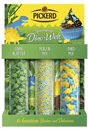 Pickerd Dekor Streusel 3er Set Spannende Dino Welt mit Farnblättern, Perlchen Mix und Dinos 79g