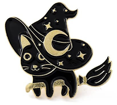 Broche chat noir sorcière wicca astres, lune et étoiles 3 modèles, pins (chapeau)