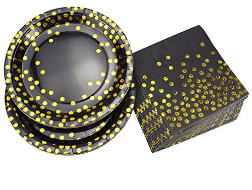 YanKMooM 40pc Paper Dinnerware Set, 20 Guest Disposable Black/White & Gold Plates & Napkins - Perfect for Parties, Birthdays, Weddings & Anniversaries