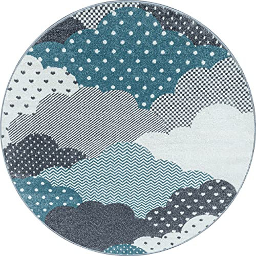 Miovani Wolkenteppich Kinderteppich Kinderzimmer Babyzimmer Kurzflorteppich Blau 120x120r