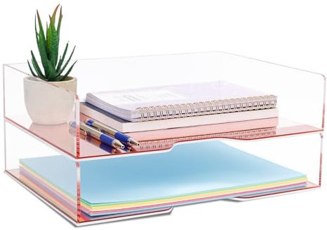 Rose Gold Mirror 2 Pack - Acrylic Stackable Mirror Letter Tray, Clear Paper Organizer for Office, Vanity - Desk Workspace Organizers and Accessories, File Holder, Stacking Desktop Organization