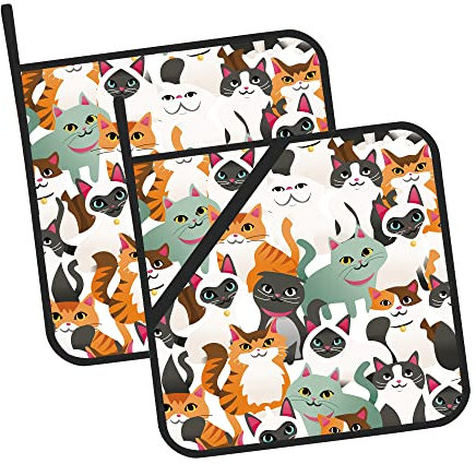 Topflappen mit niedlichem Katzenmotiv, hitzebeständig, für Mikrowelle, Kochen, Backen, Ofen, Endschalen und Grillen, 2 Stück
