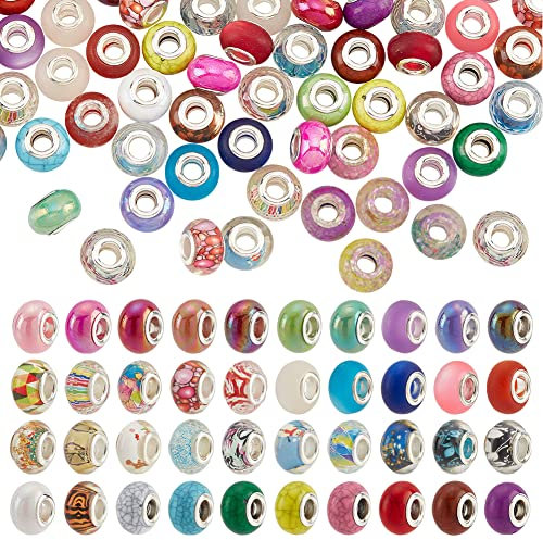 nbeads 100 Stück 5 Stile Europäische Perlen, 5 mm Großes Loch Crackle Harz Rondelle Perlen Acryl Nachahmung Türkis Charms Perlen Nachahmung Katzenauge Europäische Perlen Für Armbänder Schmuck