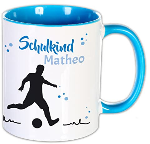 Namenstasse Schulkind | Name und Motiv, personalisiertes Geschenk Schulanfang Tasse Schulstart, Kinder, Schultüte Einschulung Zuckertüte Erste Klasse Kleinigkeit Mitbringsel (Fußball blau)