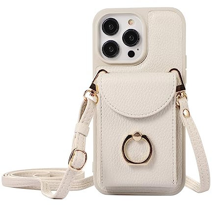 XMTON Crossbody Wallet Case for iPhone 13 Pro with Card Holder, 360° Rotation Ring Kickstand, Leather Purse Cover for iPhone 13 Pro, White