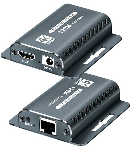 KUYIA HDMI Extender With POC 1080P@60Hz 3D HDMI to RJ45 Extender Converter by UTP Cat5e/6/7/8 OFC Cable 120m Support EDID with 5V Power Adapter
