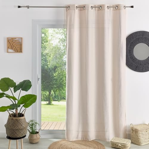 LOJI - Rideau d'Ameublement Uni et Natté - Polyester - Effet Jute - Tissage Natté Haute Qualité - Oeillets Ronds Canon de Fusil - Taille 140 x 260 cm - Couleur Ficelle