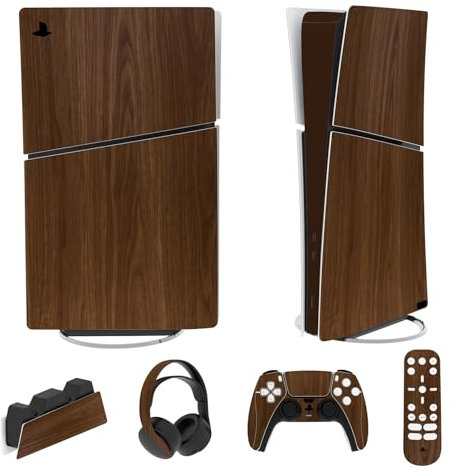 PlayVital Adhesivo Completo para ps5 Slim Digital Edición - Pegatina de Vinilo para Consola, Mando, Auriculares, Estación de Carga y Control Remoto, Protector Duradero (Grano de Madera)