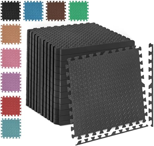 Fk Sports 25mm Extra Thick Gym Flooring Mat, Leaf 60x60cm (Black, 4pcs | 16 sq.ft) Non-skid mats, Soft Cushion EVA Rubber foam, Interlocking Puzzle Floor Tiles, for home Yoga Workout