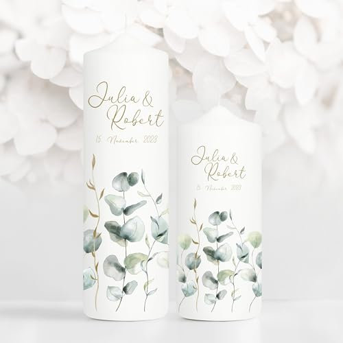 Wandtattoo Loft Hochzeitskerze personalisiert mit Namen und Datum + Gastkerze, Motiv mit Eukalyptuszweigen, 25cm x 7cm, personalisierte Traukerze, Hochzeit Kerze selbst gestalten, Hochzeitsgeschenk