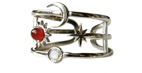 Himmlischer Mond Ring mit Sonne und Sterne und echtem Karneol als Astrologie schmuck als wunderschönes Geschenk für sie mit Himmelskörper