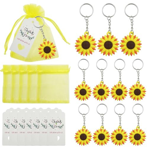 DUGYIRS Gastgeschenke Taufe 30 Stück Sonnenblume Schlüsselanhänger 30 Stück Organzasäckchen und 30 Stück Dankeschön-Tags für Jungen Mädchen Geburtstagsfeier Deko(Sonnenblume)