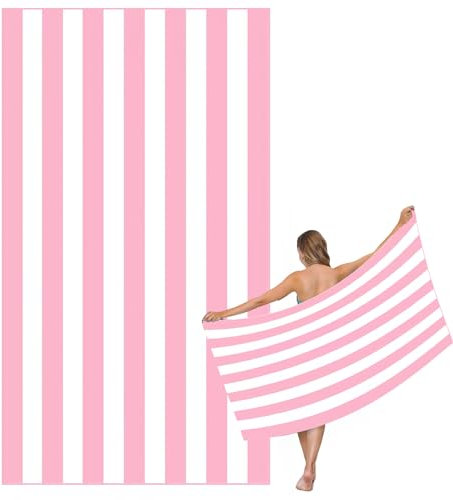 Large Quick Dry Microfibre Beach Bath Towel for Adult,Double Sides Pink White Striped Sand Free Beach Towel with Bag,Lightweight Gym Yoga Sports Towel,Compact Travel Summer Beach Towel for Women Men