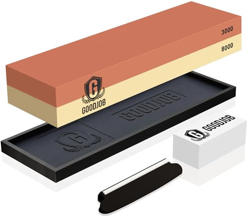 Messerschärfstein Kit - Goodjob Premium Japanischer Schleifstein Messerschärfer Steine Set - Dual Grit 3000/8000 Wassersteine mit Rutschfester Silikonbasis, Winkelführung, Abflachstein